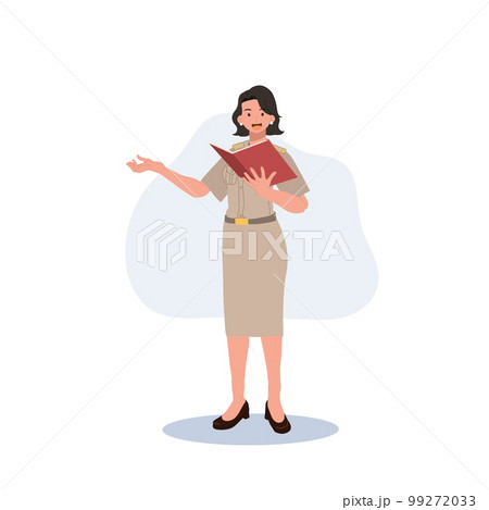 female Thai government officers in uniform. Woman Thai teacher, explaining knowledge from book. Vector illustration female Thai government officers in uniform. Woman Thai teacher, explaining knowledge from book. Vector illustration 99272033