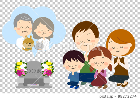 祖父母とペットのお墓参りをする家族(秋冬) 祖父母とペットのお墓参りをする家族(秋冬) 99272274