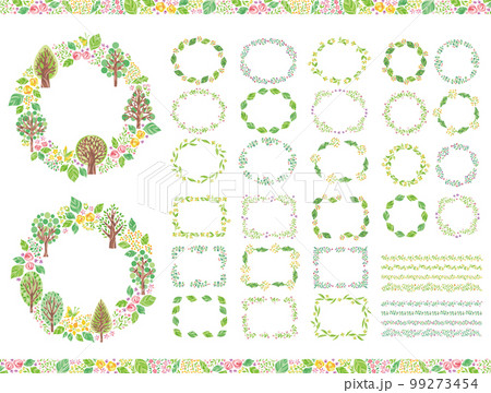 木、葉、花などの植物 緑の森イラスト丸フレームセット 木、葉、花などの植物 緑の森イラスト丸フレームセット 99273454