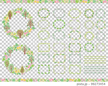 木、葉、花などの植物 緑の森イラスト丸フレームセット 木、葉、花などの植物 緑の森イラスト丸フレームセット 99273454
