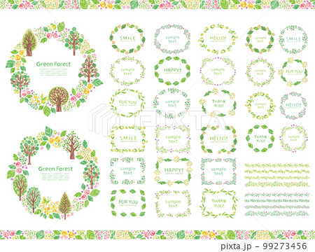 木、葉、花などの植物　緑の森イラスト丸フレームセット 99273456