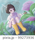 梅雨の雨の中、紫陽花の上にいる蛙とカタツムリを見る少女 99273936