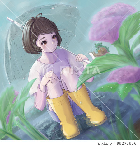 梅雨の雨の中、紫陽花の上にいる蛙とカタツムリを見る少女のイラスト