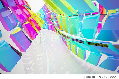 Abstract architectural glass gradient color interior of a minimalist house with large windows. 3D illustration and rendering. Abstract architectural glass gradient color interior of a minimalist house with large windows. 3D illustration and rendering. 99274002