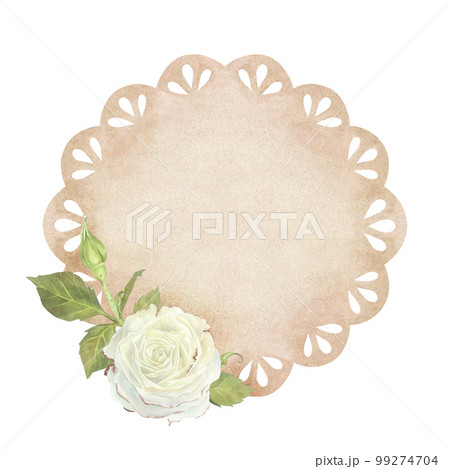 Beige lace doily with white rose and leaves. Place for inscription or text. Watercolor illustration. Isolated on a white background. For design of greeting cards, wedding invitation, scrapbooking 99274704
