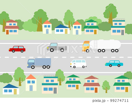 住宅地の大道路とそこを走る車のベクターイラスト 住宅地の大道路とそこを走る車のベクターイラスト 99274711