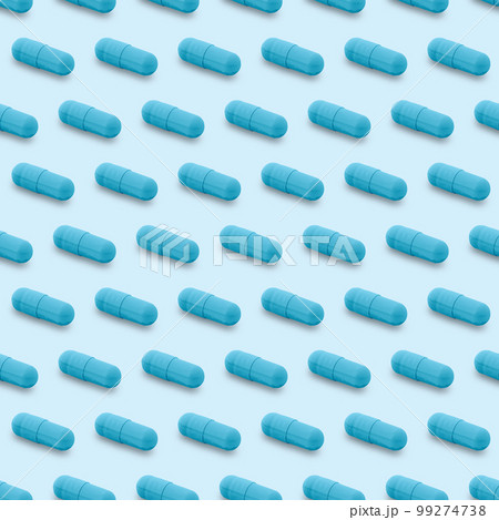 Gel capsule seamless pattern. Blue capsule drug, pharmacy concept. food supplement, on light blue 99274738