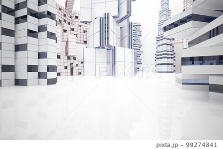 Drawing abstract architectural white interior from an array of cubes with large windows. 3D illustration and rendering. Drawing abstract architectural white interior from an array of cubes with large windows. 3D illustration and rendering. 99274841