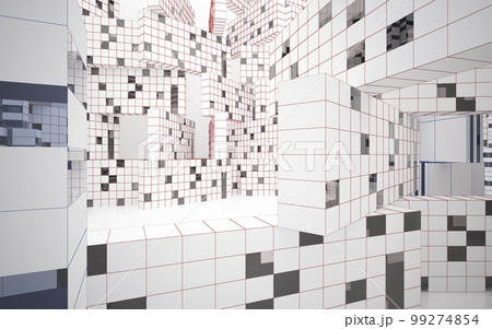 Drawing abstract architectural white interior from an array of cubes with large windows. 3D illustration and rendering. Drawing abstract architectural white interior from an array of cubes with large windows. 3D illustration and rendering. 99274854