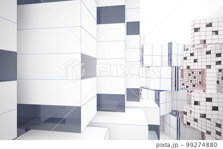 Drawing abstract architectural white interior from an array of cubes with large windows. 3D illustration and rendering. Drawing abstract architectural white interior from an array of cubes with large windows. 3D illustration and rendering. 99274880