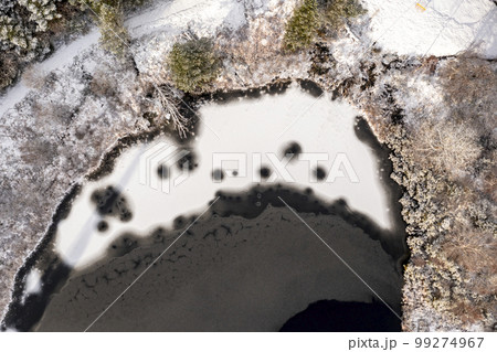 Aerial view of Lough Namanlagh and snow covered Bonny Glen by Portnoo in County Donegal, Ireland. 99274967