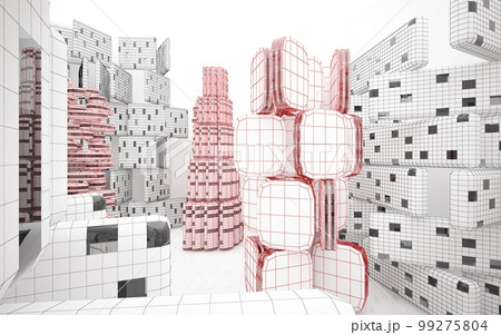 Abstract drawing white interior multilevel public space with window. 3D illustration and rendering. Abstract drawing white interior multilevel public space with window. 3D illustration and rendering. 99275804