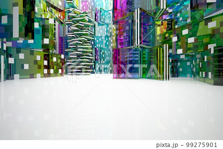 Abstract white and colored gradient glasses interior multilevel public space with window. 3D illustration and rendering. 99275901