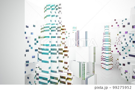 Abstract white and colored gradient glasses interior multilevel public space with window. 3D illustration and rendering. Abstract white and colored gradient glasses interior multilevel public space with window. 3D illustration and rendering. 99275952