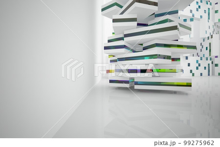 Abstract white and colored gradient glasses interior multilevel public space with window. 3D illustration and rendering. Abstract white and colored gradient glasses interior multilevel public space with window. 3D illustration and rendering. 99275962