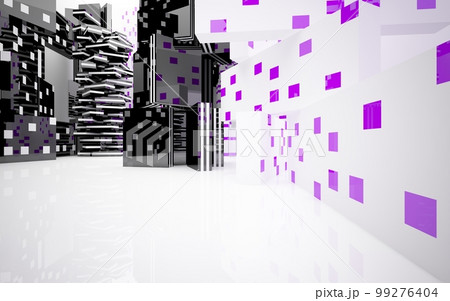 Abstract smooth architectural violet and black gloss interior of a minimalist house with large windows. 3D illustration and rendering. Abstract smooth architectural violet and black gloss interior of a minimalist house with large windows. 3D illustration and rendering. 99276404