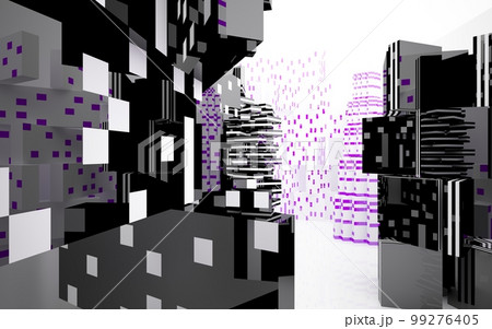 Abstract smooth architectural violet and black gloss interior of a minimalist house with large windows. 3D illustration and rendering. Abstract smooth architectural violet and black gloss interior of a minimalist house with large windows. 3D illustration and rendering. 99276405