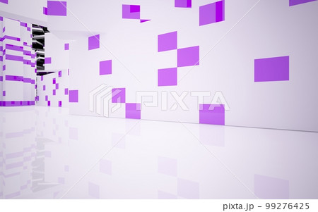 Abstract smooth architectural violet and black gloss interior of a minimalist house with large windows. 3D illustration and rendering. Abstract smooth architectural violet and black gloss interior of a minimalist house with large windows. 3D illustration and rendering. 99276425