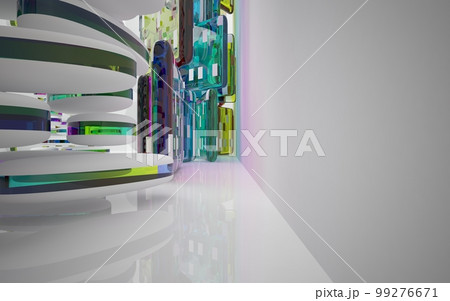 Abstract white and colored gradient glasses interior multilevel public space with window. 3D illustration and rendering. Abstract white and colored gradient glasses interior multilevel public space with window. 3D illustration and rendering. 99276671
