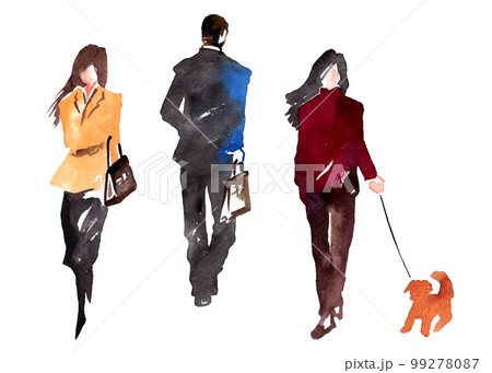 水彩画の人物スケッチ、ビジネスマンと犬の散歩をする人 99278087