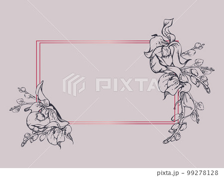 Hand drawn vector ink orchid flowers and branches, monochrome, detailed outline. Horizontal frame composition. Isolated on white background. Design for wall art, wedding, print, tattoo, cover, card. 99278128