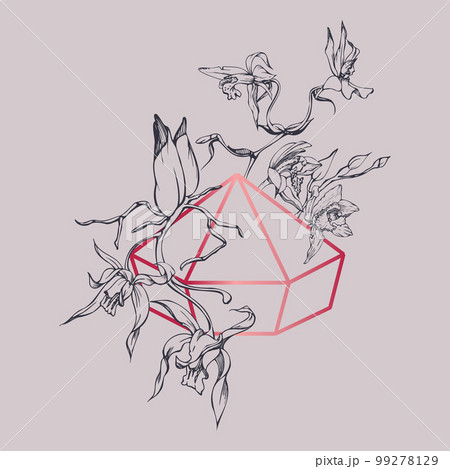 Hand drawn vector ink orchid flowers and branches, monochrome, detailed outline. Composition with crystal form. Viva magenta color. Design for wall art, wedding, print, tattoo, cover, card. 99278129