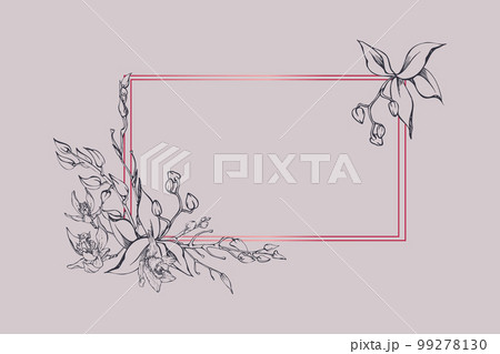 Hand drawn vector ink orchid flowers and branches, monochrome, detailed outline. Horizontal frame composition. Isolated on white background. Design for wall art, wedding, print, tattoo, cover, card. 99278130
