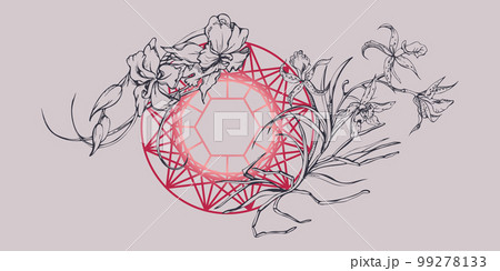 Hand drawn vector ink orchid flowers and branches, monochrome, detailed outline. Composition with crystal form. Viva magenta color. Design for wall art, wedding, print, tattoo, cover, card. 99278133