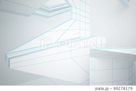Drawing abstract architectural white interior of a minimalist house with large windows. 3D illustration and rendering. 99278179