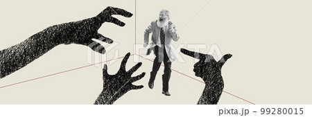 Contemporary art collage. Senior man suffering from hidden illusory fears. Human hands silhouettes scaring mature person 99280015
