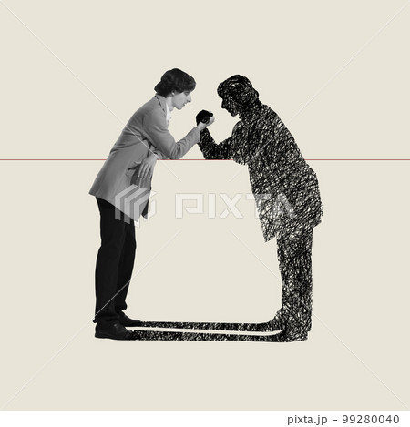 Contemporary art collage. Arguing with inner self. Young man having dispute with inner thoughts. Agreement. Right way 99280040