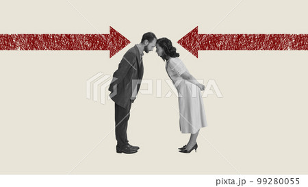 Contemporary art collage. Man and woman, young couple having confrontation. Diverse in interests. Disagreement, dispute 99280055