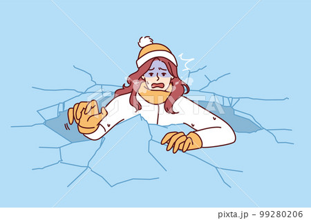 Drowning woman is trying to get out of hole in which fell while walking on frozen lake Drowning woman is trying to get out of hole in which fell while walking on frozen lake 99280206