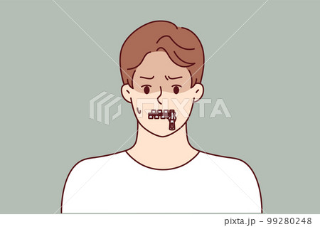 Silent man with zipper on lips is trying to hide compromising information or unpopular opinion Silent man with zipper on lips is trying to hide compromising information or unpopular opinion 99280248