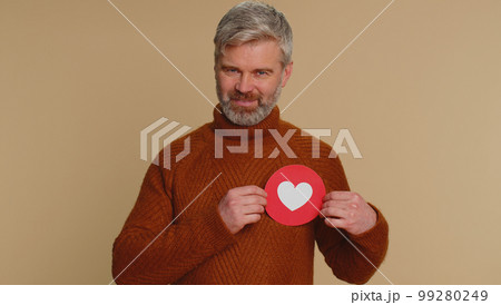 Man show hear banner inscription agrees with something, gives positive reply recommends likes good Man show hear banner inscription agrees with something, gives positive reply recommends likes good 99280249