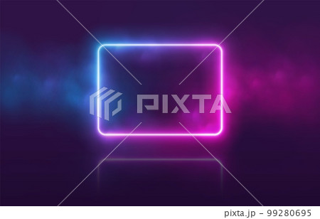 Neon rectangle with smoke, gradient led border, portal with haze clouds. 99280695