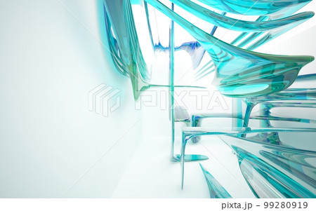 Abstract smooth white and colored gradient glasses interior multilevel public space with window. 3D illustration and rendering. 99280919