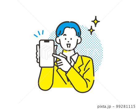 スマホで簡単決済をアピールする男性 イメージ素材 スマホで簡単決済をアピールする男性 イメージ素材 99281115