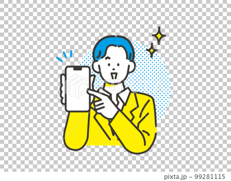 スマホで簡単決済をアピールする男性 イメージ素材 スマホで簡単決済をアピールする男性 イメージ素材 99281115