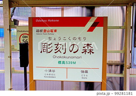 【神奈川】6月の箱根　箱根登山電車彫刻の森駅の駅標 99281181