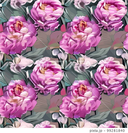 Floral seamless pattern with pink peonies flowers and green leaves on colored 99281840