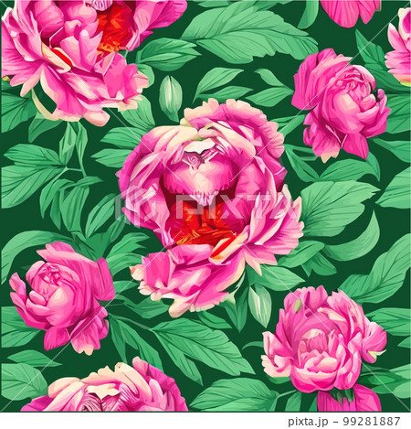 Vector seamless pattern with pink peonies and leaves on green background. Vector seamless pattern with pink peonies and leaves on green background. 99281887
