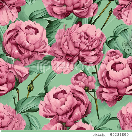 Vector seamless pattern with pink peonies and leaves on a green background. Vector seamless pattern with pink peonies and leaves on a green background. 99281899