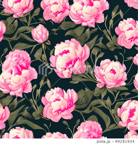 Pink peonies flowers and leaves floral vector seamless pattern spring summer Pink peonies flowers and leaves floral vector seamless pattern spring summer 99281934