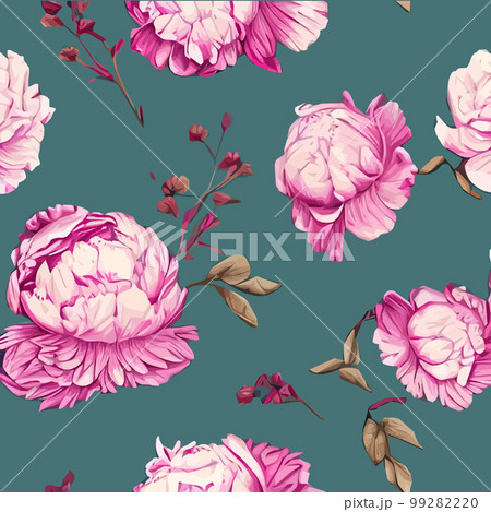 Vector seamless pattern with pink peonies and leaves on green background. 99282220