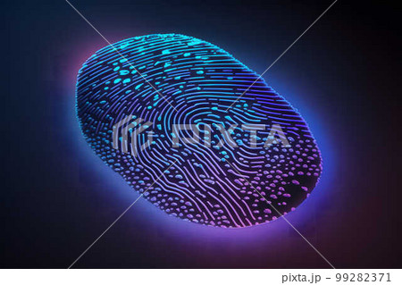 Fingerprint on scanner glowing in ultraviolet created with generative AI technology 99282371