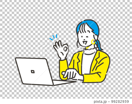 パソコン作業しながらいいねポーズをする若い女性社員 99282939