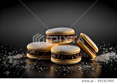 Alfajores on black background created with generative AI technology Alfajores on black background created with generative AI technology 99282960