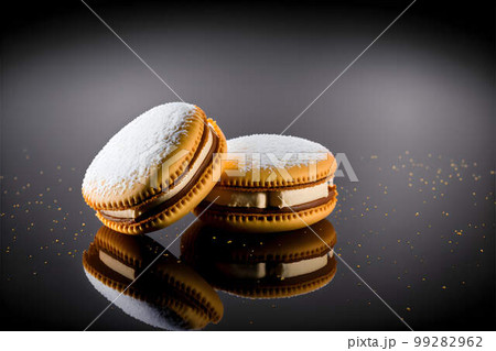 Alfajores on black background created with generative AI technology 99282962