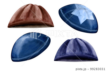 Set of watercolor kippot, hand drawn yarmulke, Jewish blue brown headwear kippah with star of David Illustration Set of watercolor kippot, hand drawn yarmulke, Jewish blue brown headwear kippah with star of David Illustration 99283031